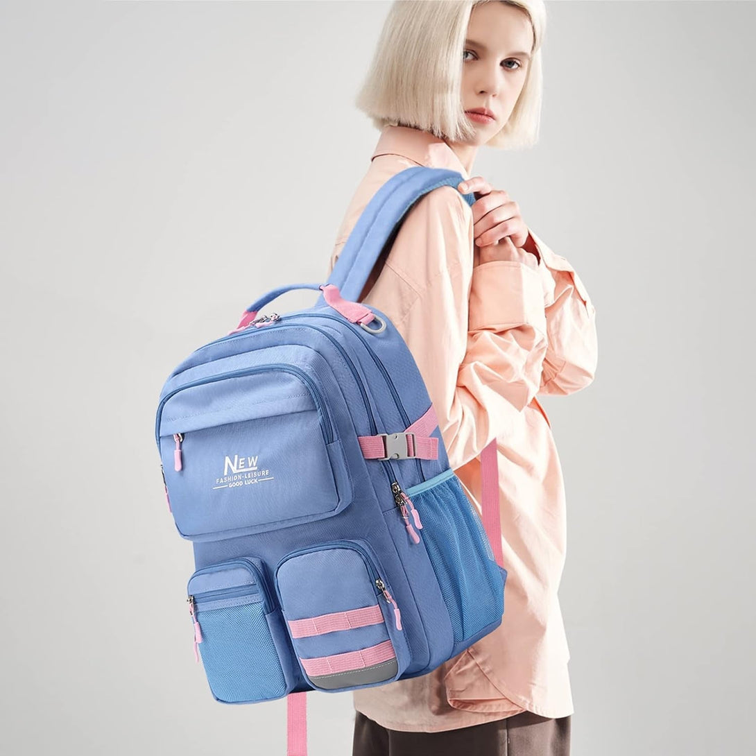 Water Resistant Backpack for Teen Girls Boys Students, Casual Multi Pockets Daypack with 15.6 Inch Laptop Pocket for Travel School College (Grey Blue)