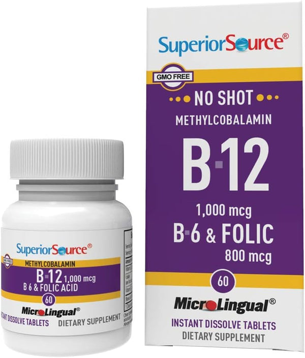 Superior Source No Shot Vitamin B-12 Methylcobalamin 1000 Mcg, B-6 & Folic Acid 800 Mcg - Supports Brain & Heart Health - Aids Natural Energy Levels - 60 Sublingual Dissolving Tablets