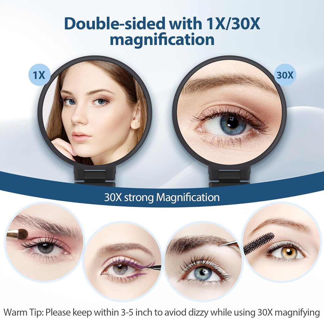 B Beauty Planet 30X Magnifying Mirror, Hand Mirror with Handle, Double Sided Hand Mirror with 30X/1X Magnification, Travel Essential Portable Foldable Makeup Mirror for Precision Makeup Black