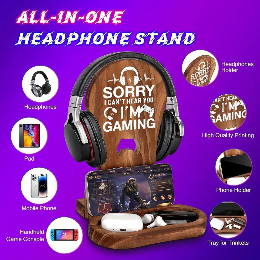 Gamer Gifts for Teenage Boys, Gaming Headphone Stand for Men, Gaming Room Decor Wooden Headset Holder, Son Boyfriend Husband Game Lover Gifts -Sorry I Can'T Hear You I'M Gaming