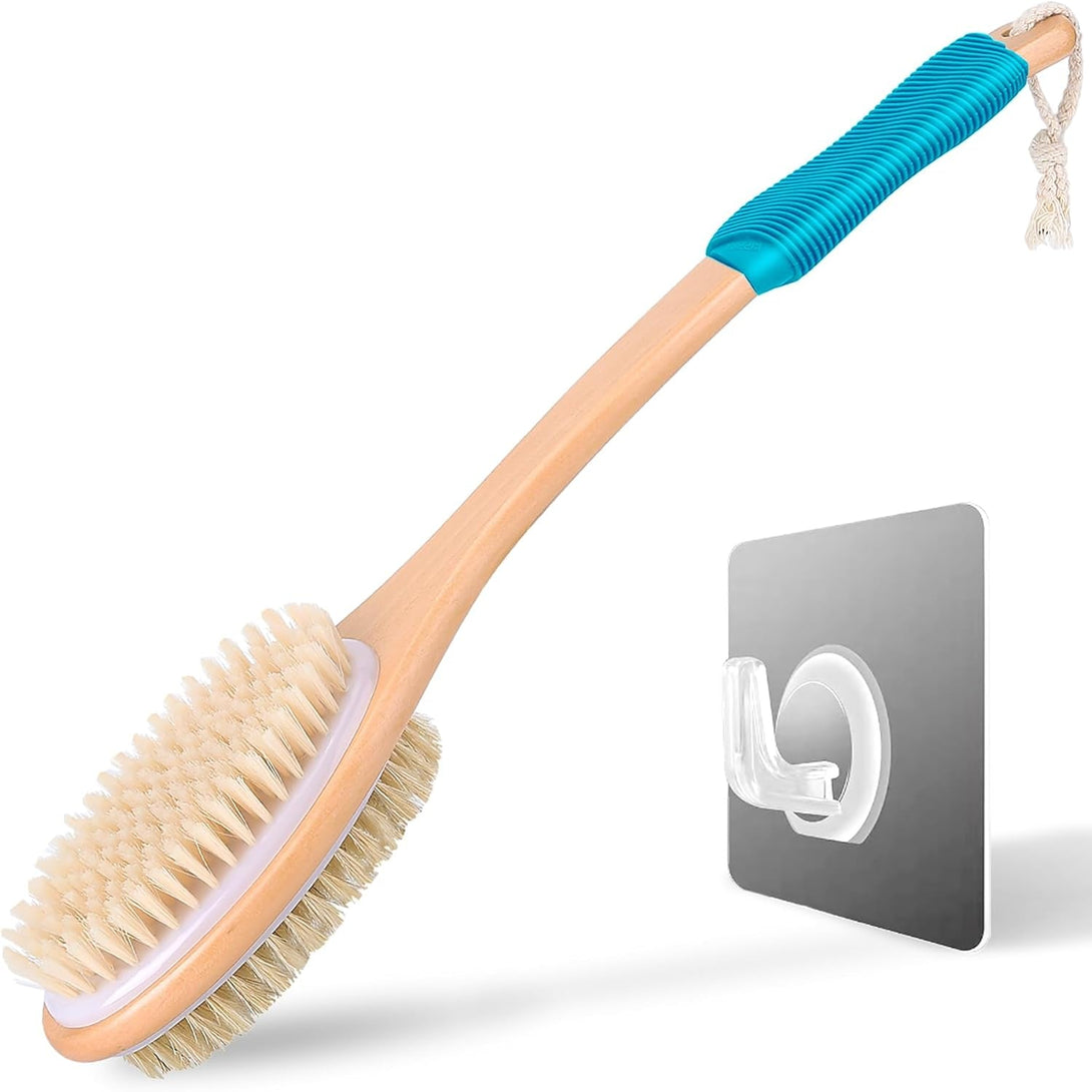 Long Handle Ergonomically Back Scrubber/Brush for Shower, Double Sided Exfoliating Body Scrubber for Women and Men (Blue)