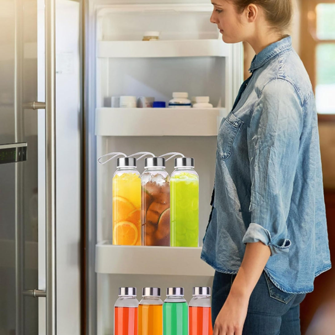 3 Packs Glass Water Bottles with Lid Clear Juice Bottles Reusable Bottle with Stainless Steel Cap Glass Cups Liquid Storage Containers for Juicing Beverage Refrigerator Travel-18Oz