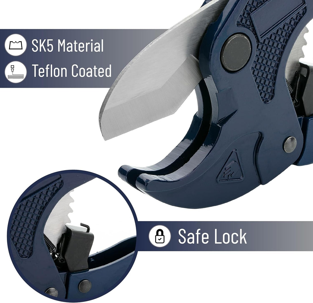 Bates- PVC Pipe Cutter, Cuts up to 1-5/8", Navy Blue Ratcheting PVC Pipe Cutter Tool, Pipe Cutters PVC Pipe Shears, Plastic Pipe Cutter, PEX Pipe Cutter, PVC Cutter Tool, PVC Ratchet Cutter