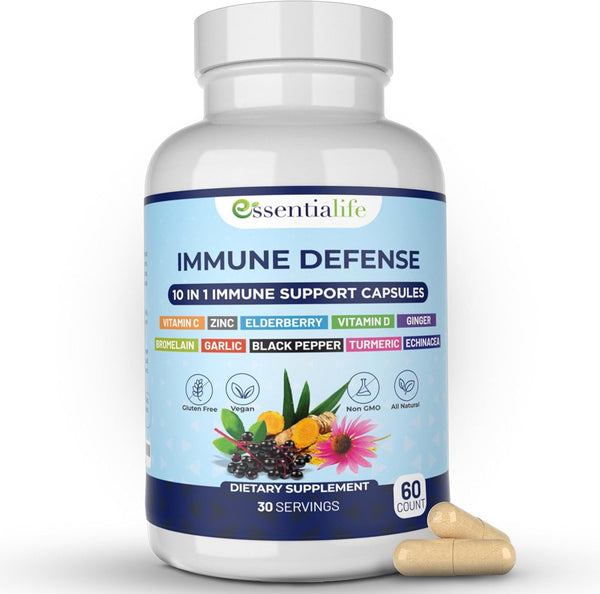 Immune Support Supplement 10 in 1 Elderberry, Echinacea, Vitamin D, Vitamin C 1000Mg & Zinc Supplement - Take Charge of Your Health with Immune Booster for Adults - 60 Vitamins Capsules