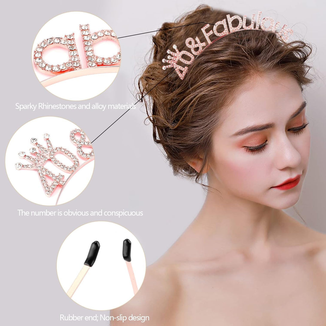 Supoo Rose Gold 40Th Birthday Sash and Headband 40Th Birthday Decorations for Women 40Th Birthday Crown Tiara 40Th Birthday Gifts for Her 40 and Fabulous 40 Year Old Party Decorations