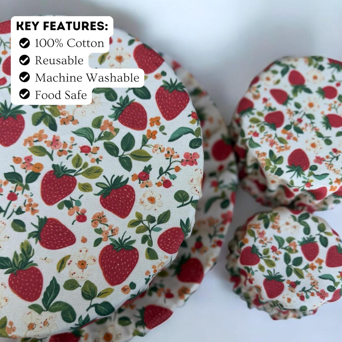 (4-Pack) Sourdough Reuseable Jar & Bowl Covers | Cute Baking Gift | 100% Cotton | Washable | Bread Proofing | Kitchen Food Storage Gifting | Starter Cover Lid Kit (Strawberry)