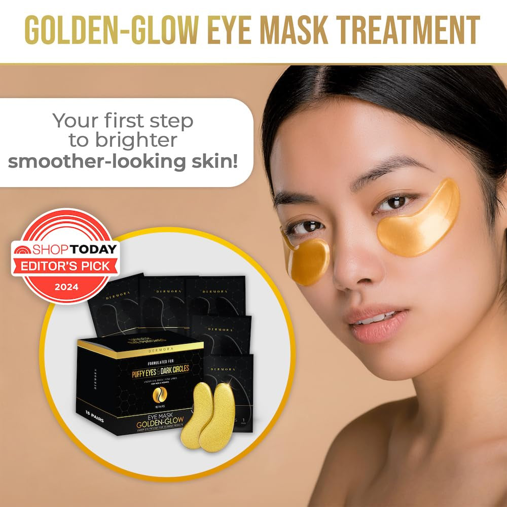 DERMORA Golden Glow under Eye Patches (15 Pairs Eye Gels) - Rejuvenating Treatment for Dark Circles, Puffy Eyes, Refreshing, Revitalizing, Travel, Wrinkles