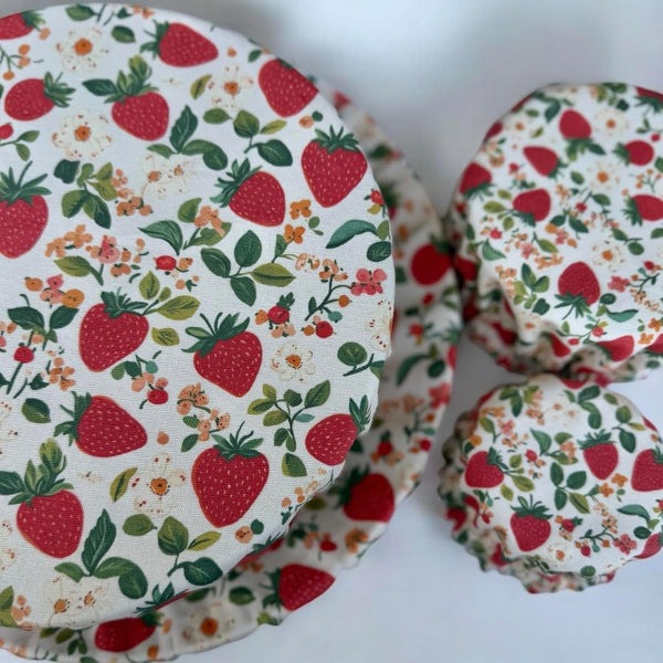 (4-Pack) Sourdough Reuseable Jar & Bowl Covers | Cute Baking Gift | 100% Cotton | Washable | Bread Proofing | Kitchen Food Storage Gifting | Starter Cover Lid Kit (Strawberry)