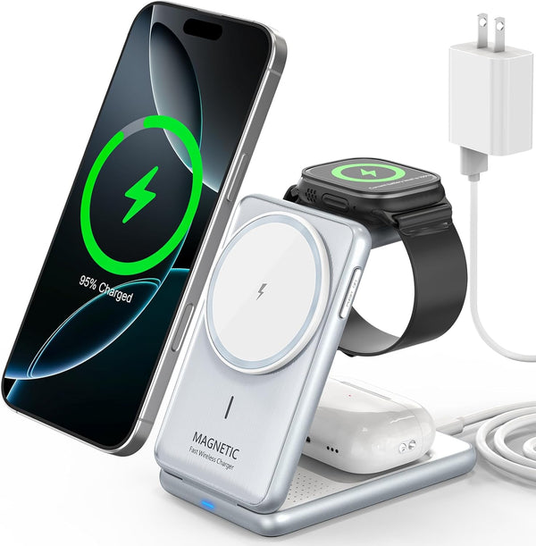 3-In-1 Magnetic Wireless Charger: 2025 Travel Fast Charging Station for Iphone 16 15 14 - Apple Watch Ultra SE 9 8 - Airpods Pro 4 3 - Desk Charger Stand with 18W Adapter for Multiple Devices (White)