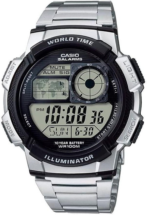 Casio AE1000W Series | Men’S Digital Watch | 100M WR | Multi Alarms | 100 SEC Stopwatch | Countdown Timer | World Map for World Time | LED Light | LC Analog Display | 10 Year Battery