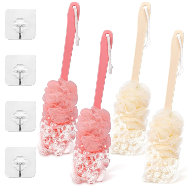 4Pack Back Scrubber for Shower Loofah with Long Handle, Shower Brush for Body, 17â€³ Loofah on a Stick for Men Women Bathing Accessories, Scrubber Sponge for Exfoliating Bath Brushes (Beige & Pink)