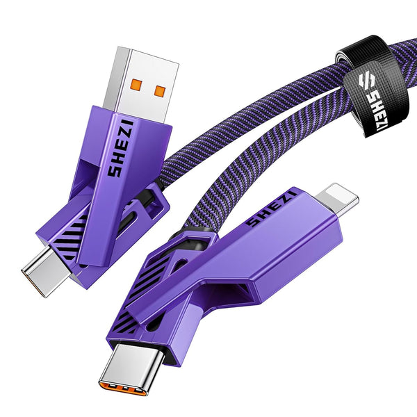 SHEZI 4-In-1 USB C Cable 60W 5FT Lightn-Ing Cable Fast Charging [480Mbps Data Transfer] Flat Nylon Braided Charger Cord Wire Combo with Lightn-Ing/Usb C/USB a Port for Iphone/Ipad and More, Purple