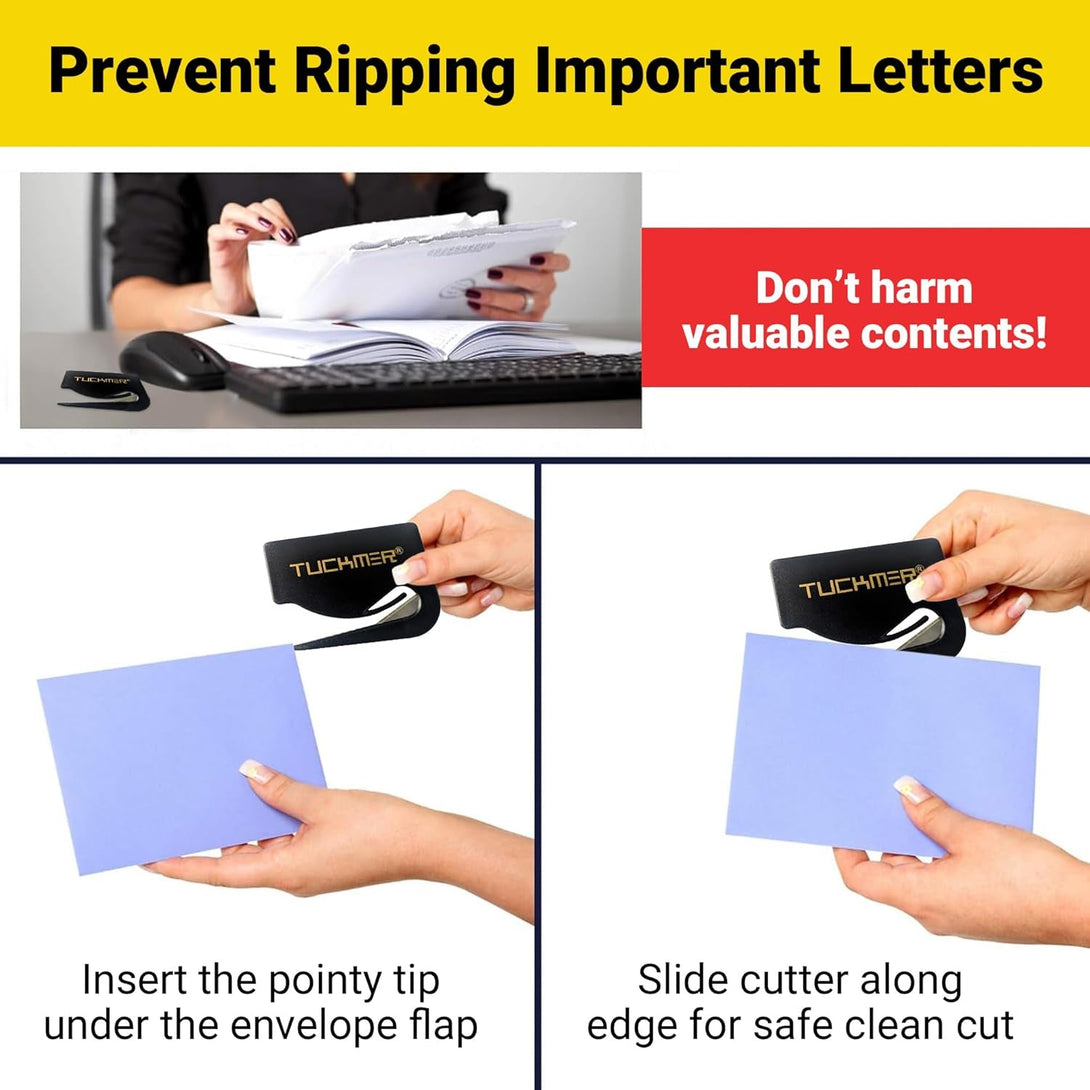 4 Pk Letter Opener Envelope Opener, Mail Cutter Slitter for Women, Men, Office, Home & Business Travelers - Mail Cutter with Safety Concealed Razor Blade and Guiding Tip for Perfect Cut - 4 Colors