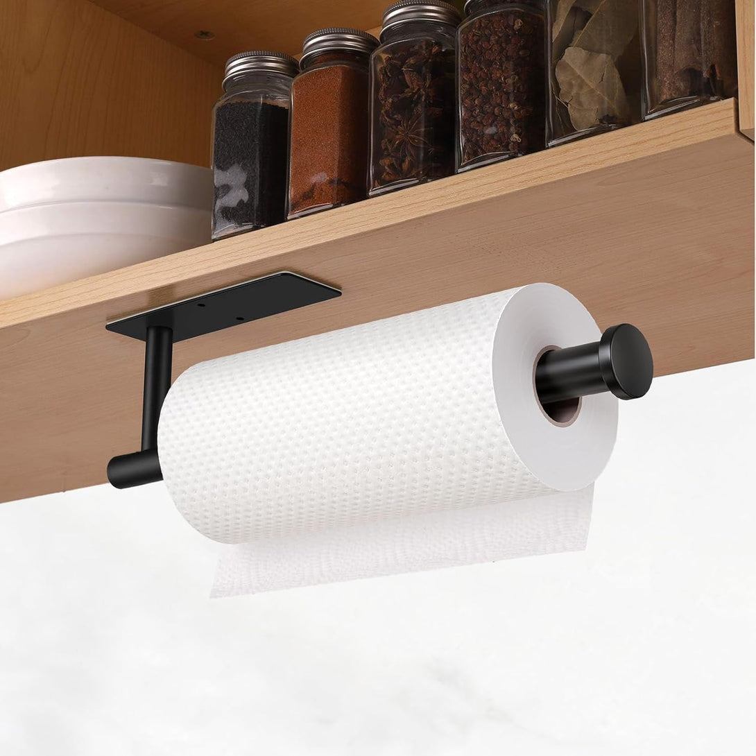 Paper Towel Holder under Cabinet Wall Mount,Self Adhesive and Drilling Paper Towel Holders,Sus304 Stainless Steel Paper Towel Roll Rack,Black Paper Roll Holder for Kitchen Bathroom Home Essentials