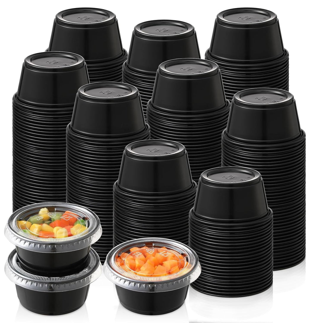 AOZITA 200-2 Oz Black Jello Shot Cups, Portion Cups, Small Plastic Containers with Lids, Airtight Souffle Cups, Salad Dressing Container, Sauce Cups, Condiment Cups for Lunch, Party to Go, Trips