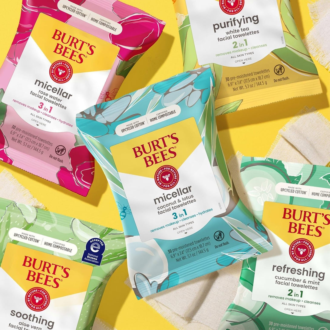 Burt'S Bees Rose Water Face Wipes, for All Skin Types, Hydrating Micellar Makeup Remover & Facial Cleansing Towelettes, 30 Ct (3-Pack)