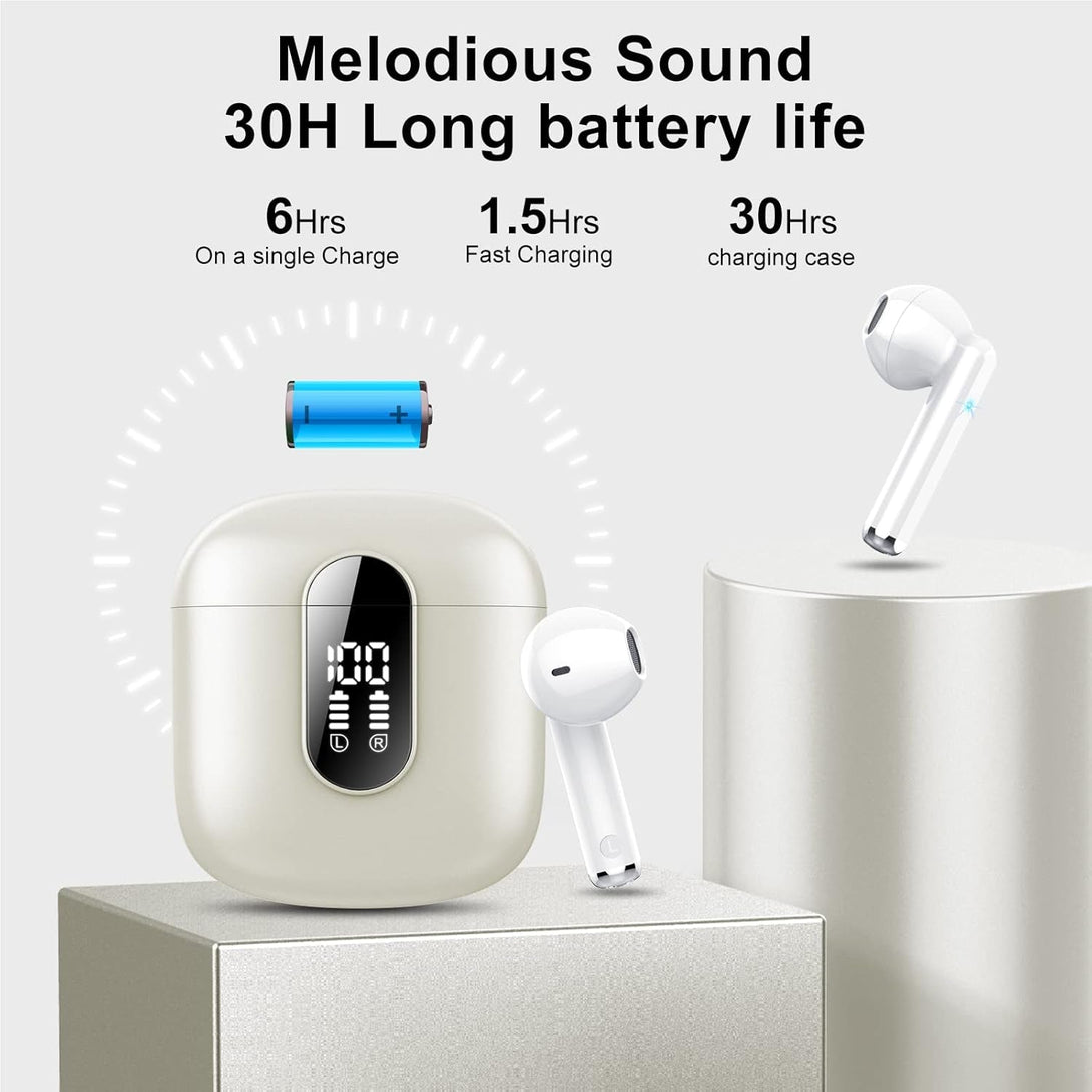 Wireless Earbuds 2024 Bluetooth 5.3 Headphones with HD Mic Hifi Stereo Sound, Wireless Earphones with Dual LED Display Touch Control, IPX7 Waterproof 30H Playtime Mini Ear Buds for Ios Android, White
