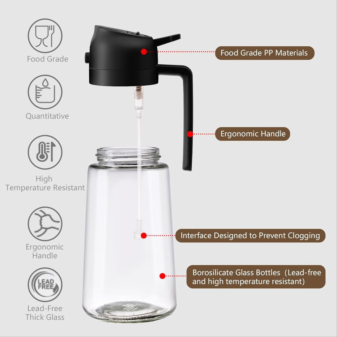 Olive Oil Sprayer for Cooking, 470Ml 2 in 1 Glass Oil Dispenser/Pour Bottle, Kitchen Accessories, Kitchen Gadgets for Air Fryer, Salad, BBQ (Black)