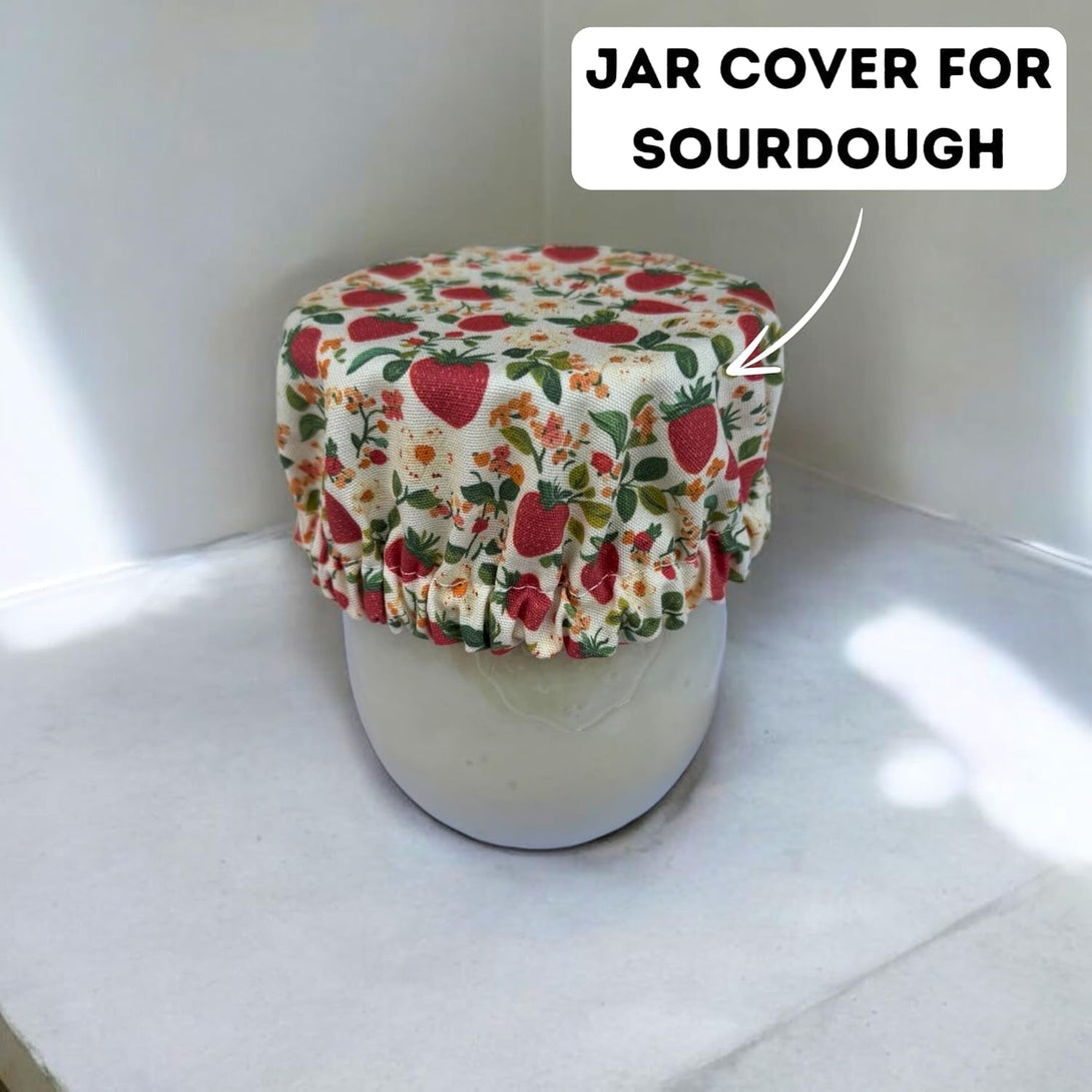 (4-Pack) Sourdough Reuseable Jar & Bowl Covers | Cute Baking Gift | 100% Cotton | Washable | Bread Proofing | Kitchen Food Storage Gifting | Starter Cover Lid Kit (Strawberry)