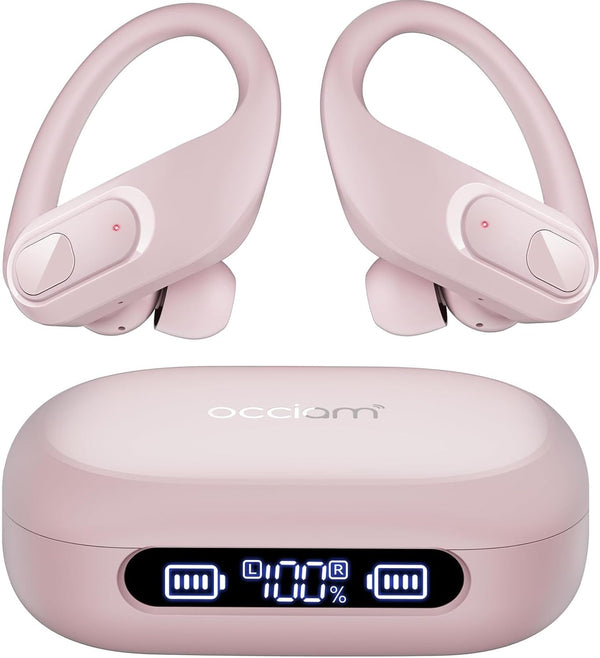 Occiam Wireless Earbuds Bluetooth Headphones 96Hrs Playback Sport Ear Buds with Earhooks Microphone In-Ear Earphones Stereo Sound for Laptop Pad Phones Workout Running Exercise Gym (Pink, M)