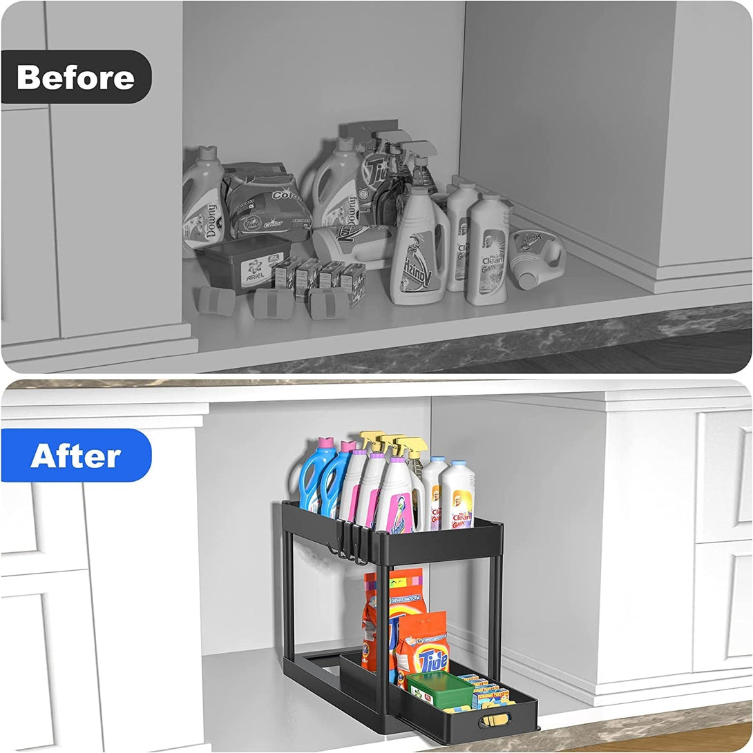 2PC under Sink Organizer Rack 2 Tier under Sliding Cabinet Basket Organizer Drawer with 4 Hooks, Multi-Purpose under Sink Storage for Bathroom Kitchen Desktop（Black）