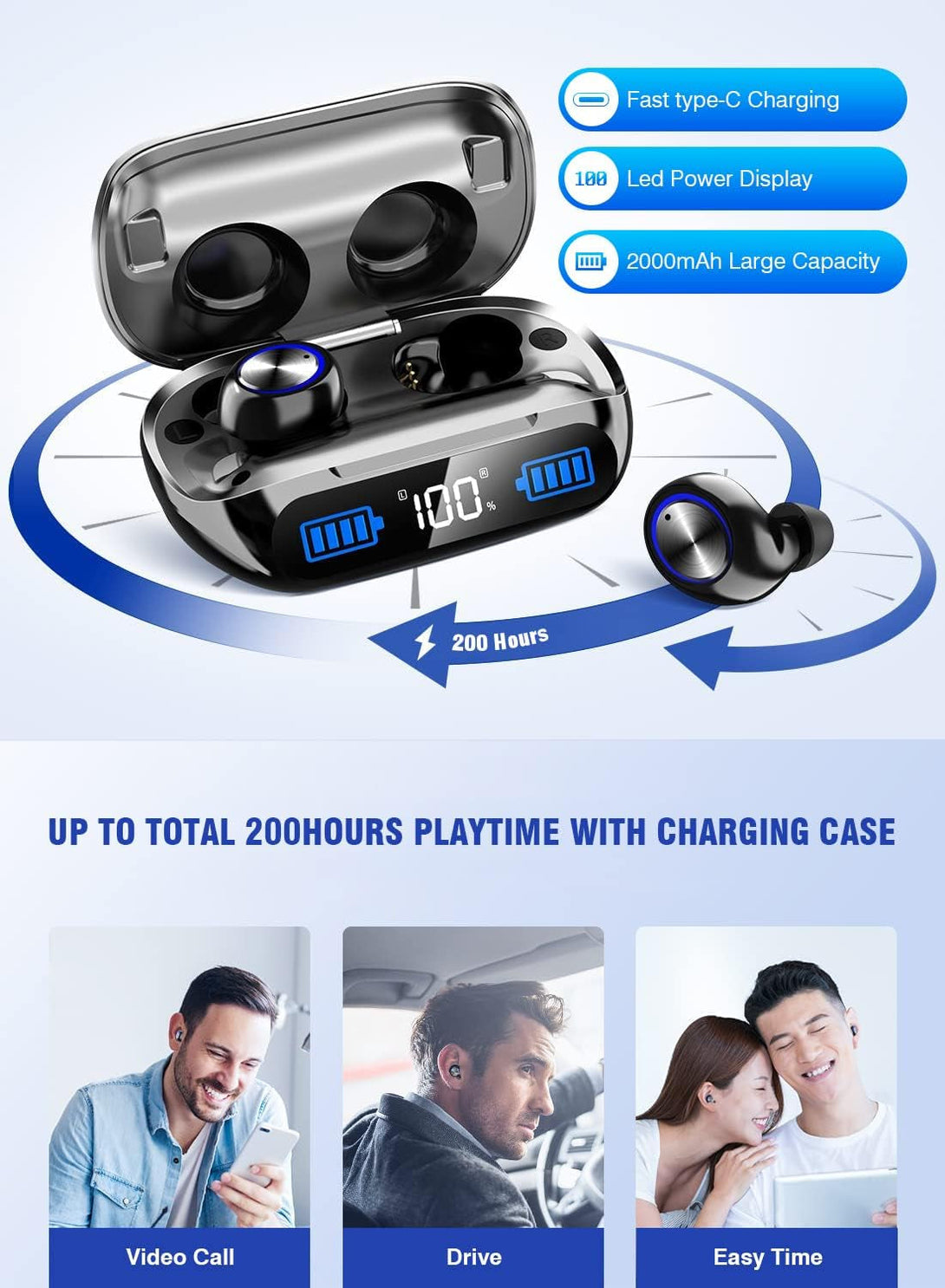 YIPUT Wireless Earbuds Bluetooth 5.3 Headphones 200 Hours Playtime with 2000Mah Charg Case,In Ear Headest Ip7Waterproof Noise Cancelling Built-In Mic,Premiu Bass LCD Display,For Sports/Working/Study.
