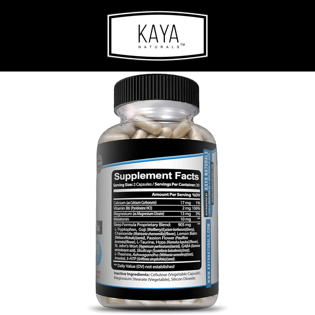 Kaya Naturals - Sleep Support Formula with Melatonin - Aid Support Vitamin Supplement - Sleep Stress and Mood Support - L-Tryptophan, Passion Flower, Ashwagandha and More - 60 Capsules (60 Count)