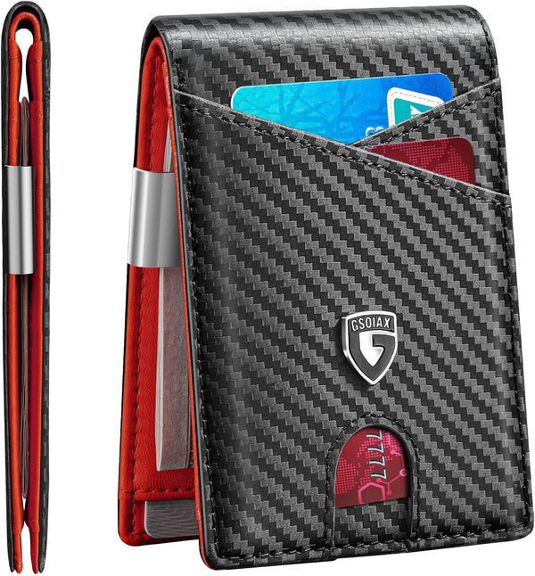 GSOIAX Slim Leather RFID Bifold Wallet for Men - Minimalist Front Pocket Wallet with Money Clip,12 Card Slots,Id Window,Cool Groove Design,Includes Gift Box(Carbon Red