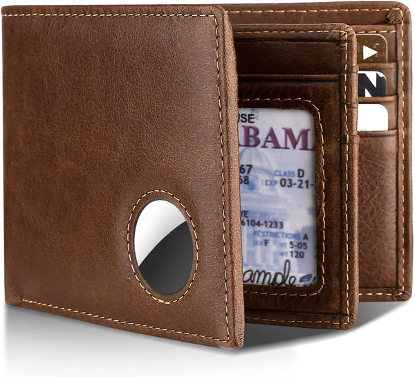 Swallowmall Airtag Wallet Men RFID Blocking Genuine Leather Bifold Mens Wallet for Airtag 1 ID Window 12 Card Holders Gift Box (Airtag Not Included) (Classic, Coffeebrown)