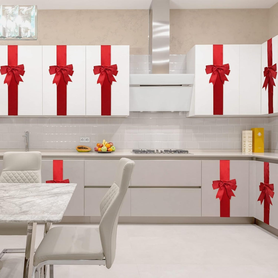 4 PCS Cabinet Door Festive Ribbons and Bows Decoration for Christmas Gift Holidays,Red