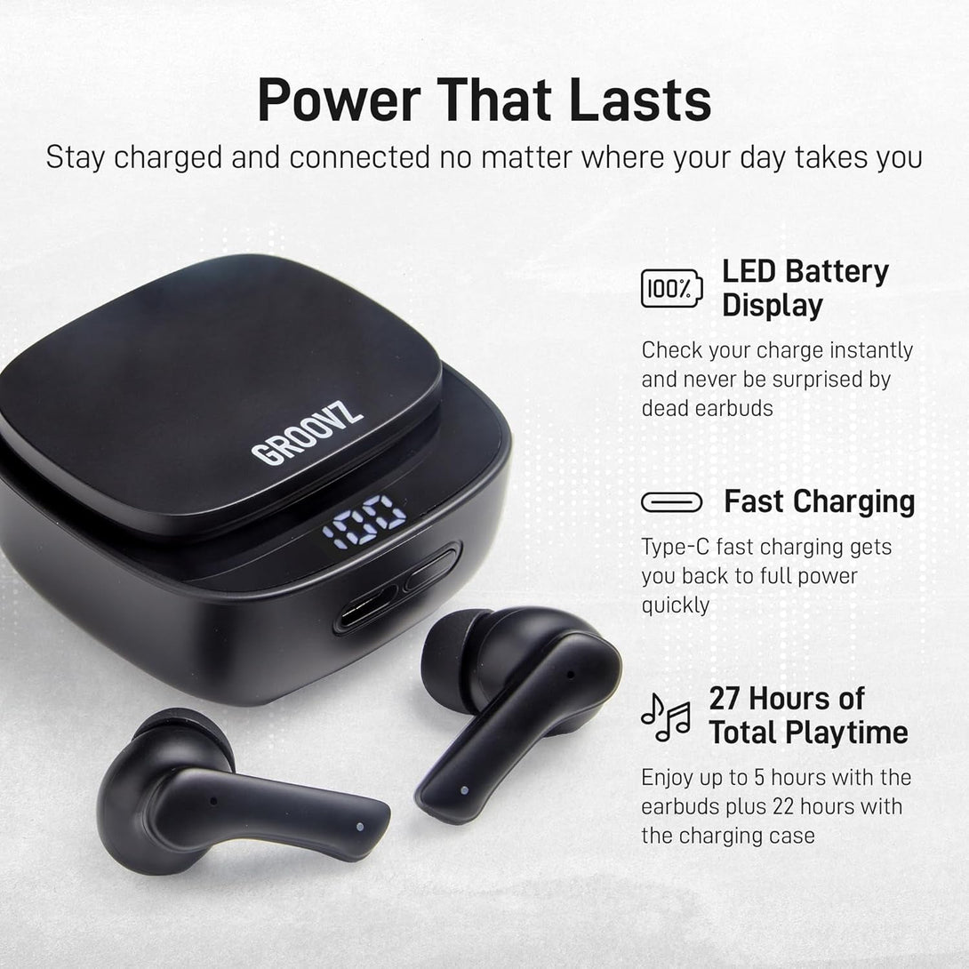 True Wireless Earbuds with Charging Case - Designed and Engineered in the USA - Ipx4 Water Resistant Bluetooth Earbuds Compatible with Apple and Android - 27Hrs Battery Life - Black