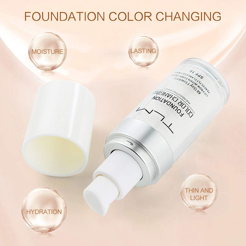 5PCS TLM Colour Changing Foundation Makeup Set Matte Liquid Full Coverage Oil Control Breathable Invisible Cover Concealer Foundation with Face Primer, Foundation Brush, Makeup Sponge