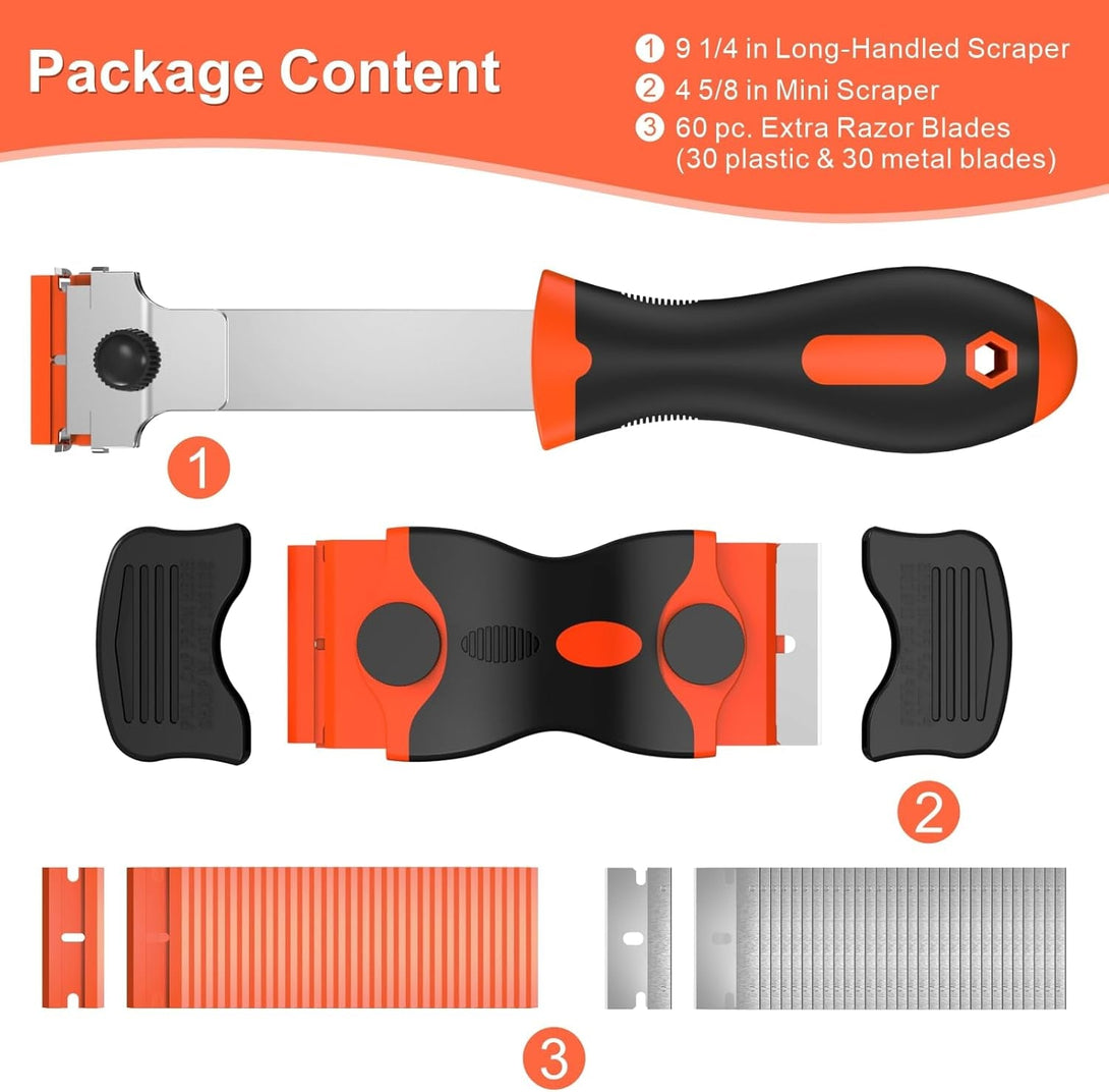 3 Pack Razor Blade Scraper Set, Includes 30 Plastic & 30 Metal Blades, Multi-Purpose Tool for Glass, Cooktop, Sticker Removal, Paint & Gum Cleaning (Orange)