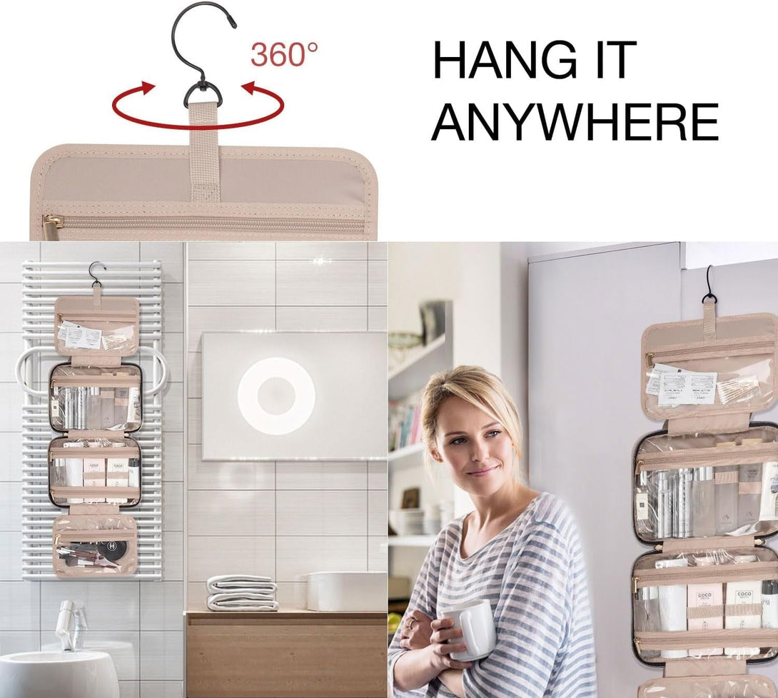 BAGSMART Large Toiletry Bag Travel Bag with Hanging Hook, Water-Resistant Makeup Cosmetic Bag Travel Organizer for Accessories, Shampoo, Full Sized Container, Toiletries