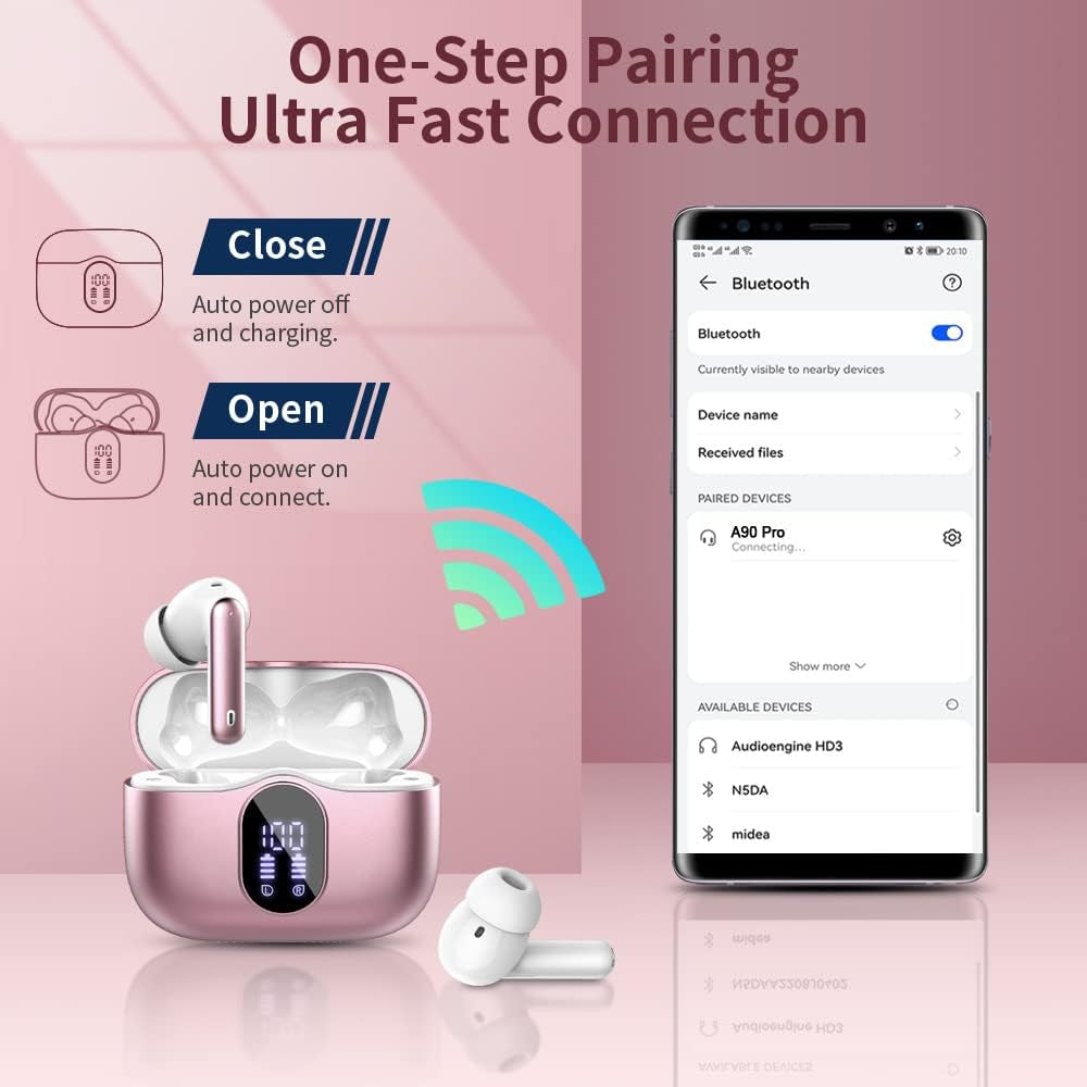 Wireless Earbuds Bluetooth 5.4 Headphones Bass Stereo Ear Buds with Noise Cancelling Mic LED Display in Ear Earphones IP7 Waterproof 36H Playtime for Laptop Pad Phones Sports Workout Rose Gold