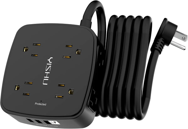 10 Ft Surge Protector Power Strip - 8 Widely Outlets with 4 USB Ports, 3 Side Outlet Extender with 10 Feet Extension Cord, Flat Plug, Wall Mount, Desk USB Charging Station, ETL, Black