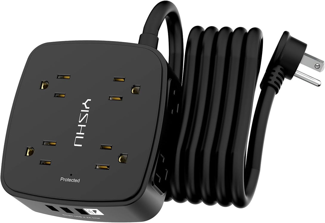 10 Ft Surge Protector Power Strip - 8 Widely Outlets with 4 USB Ports, 3 Side Outlet Extender with 10 Feet Extension Cord, Flat Plug, Wall Mount, Desk USB Charging Station, ETL, Black