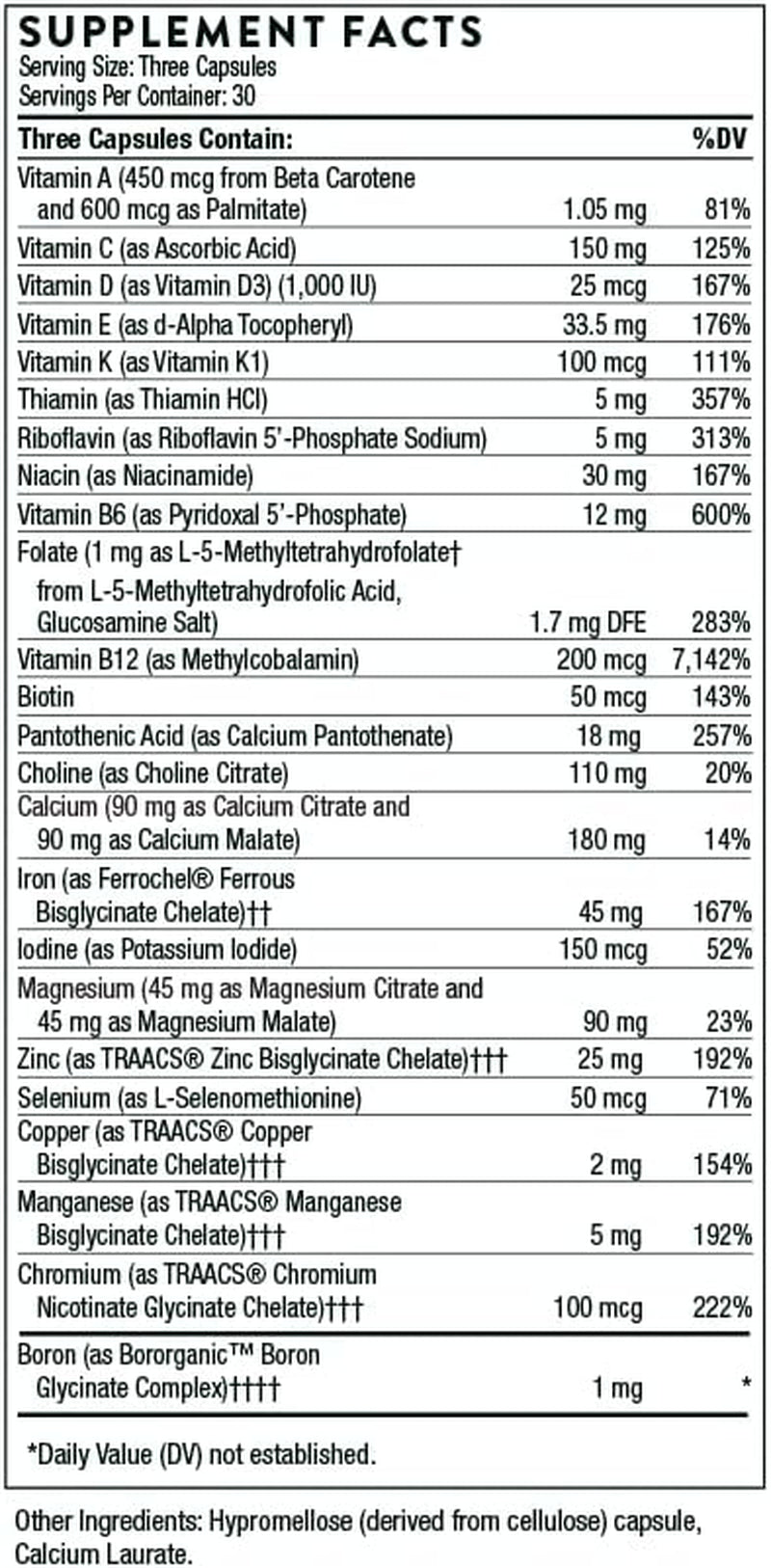 THORNE Basic Prenatal - Well-Researched Folate Multi for Pregnant and Nursing Women Includes 18 Vitamins and Minerals, plus Choline - 90 Capsules - 30 Servings