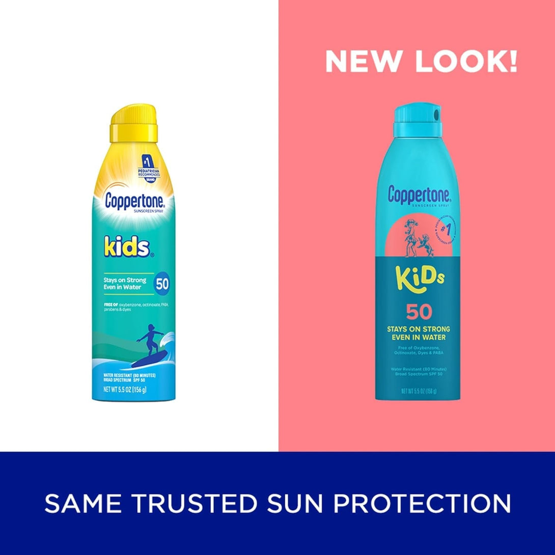 Coppertone Kids Sunscreen Spray SPF 50, Water Resistant Spray on Sunscreen for Kids, Pediatrician Recommended, 5.5 Oz Can, Pack of 3