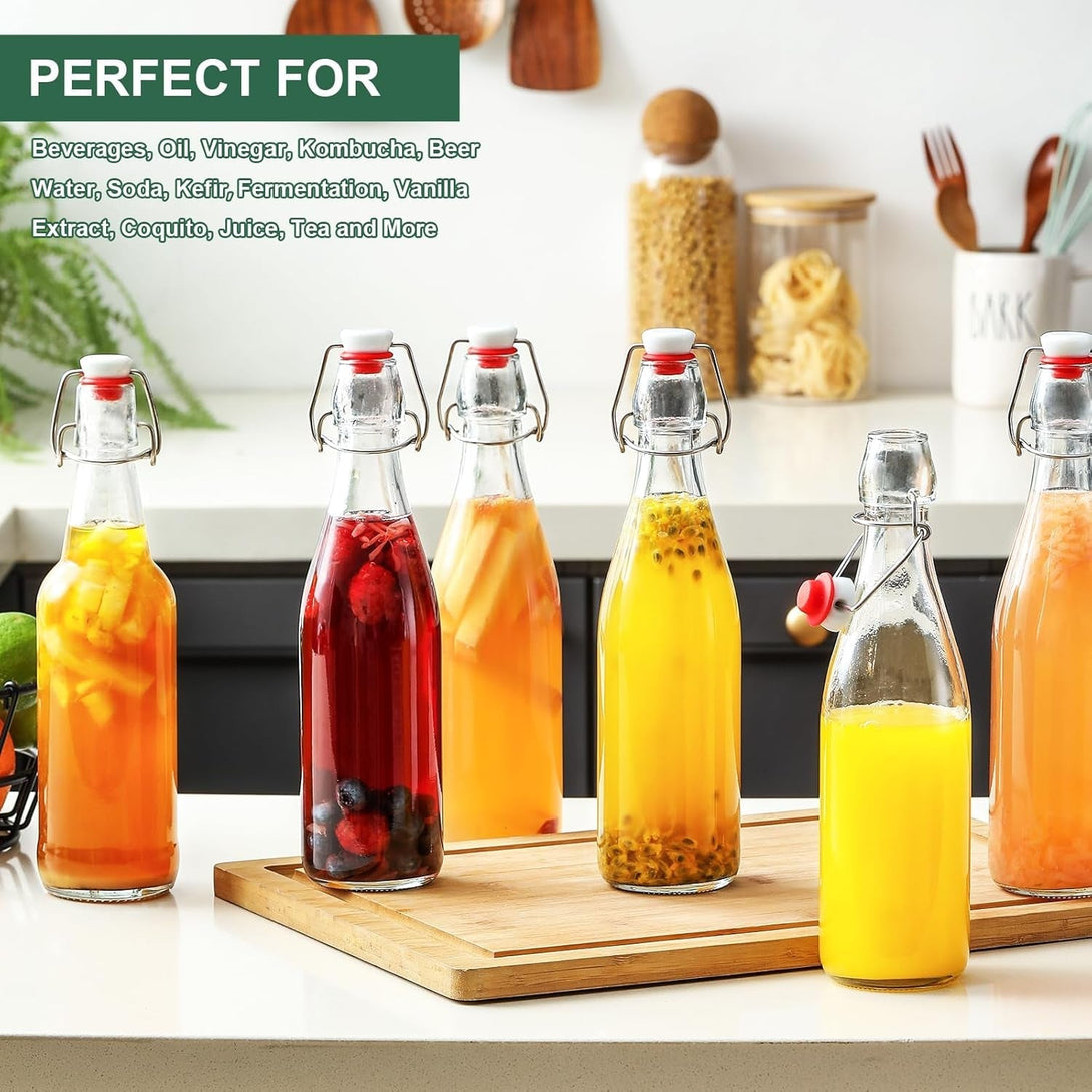 8 Set, 16 OZ Swing Top Glass Bottles - Flip Top Beer Brewing Bottles with Stopper for 2Nd Fermentation, Kombucha, Mead Kefir, Vanilla Extract, Juice, Tea, Wine - Airtight Cap Lids, Bonus 2 Pourers