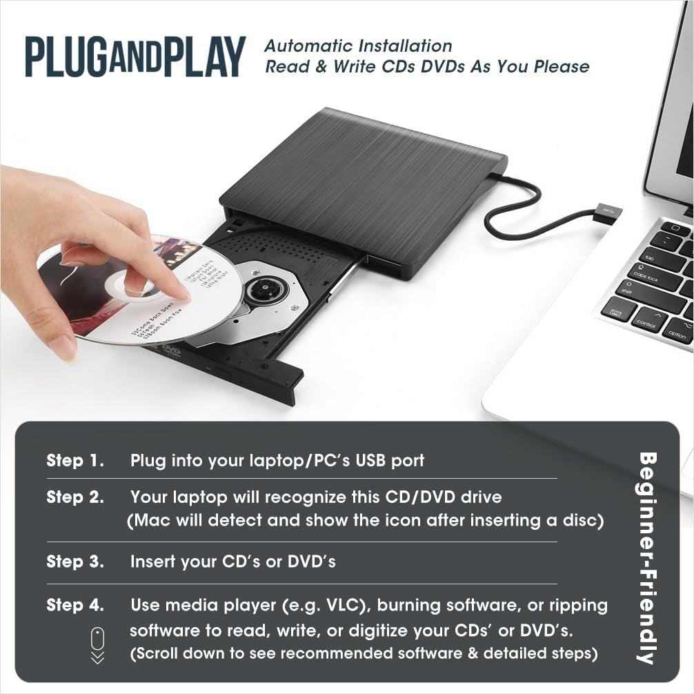 ROOFULL External CD DVD +/-RW Drive for Laptop, True USB 3.0 DVD CD ROM Disc Reader Player Burner Writer Adapter Portable Optical Disk Drive for PC Windows 11/10 Mac Linux Computer Desktop