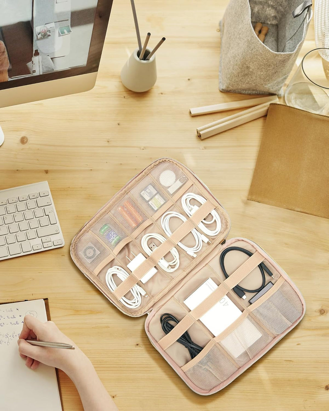 BAGSMART Electronic Organizer Case - Double Layer Cord and Tech Travel Organizer Bag for Charging Cables, Pink