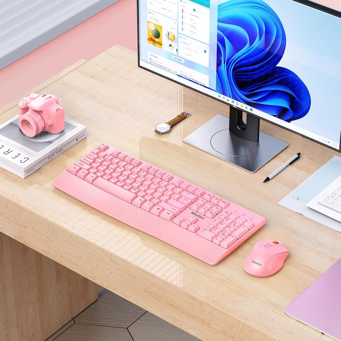 MEETION Wireless Keyboard and Mouse, Full-Sized Cordless Keyboard with Wrist Rest and 3 DPI Adjustable Mouse, 2.4G Wireless, Compatible with Pc/Computer/Laptop/Windows/Mac, Pink