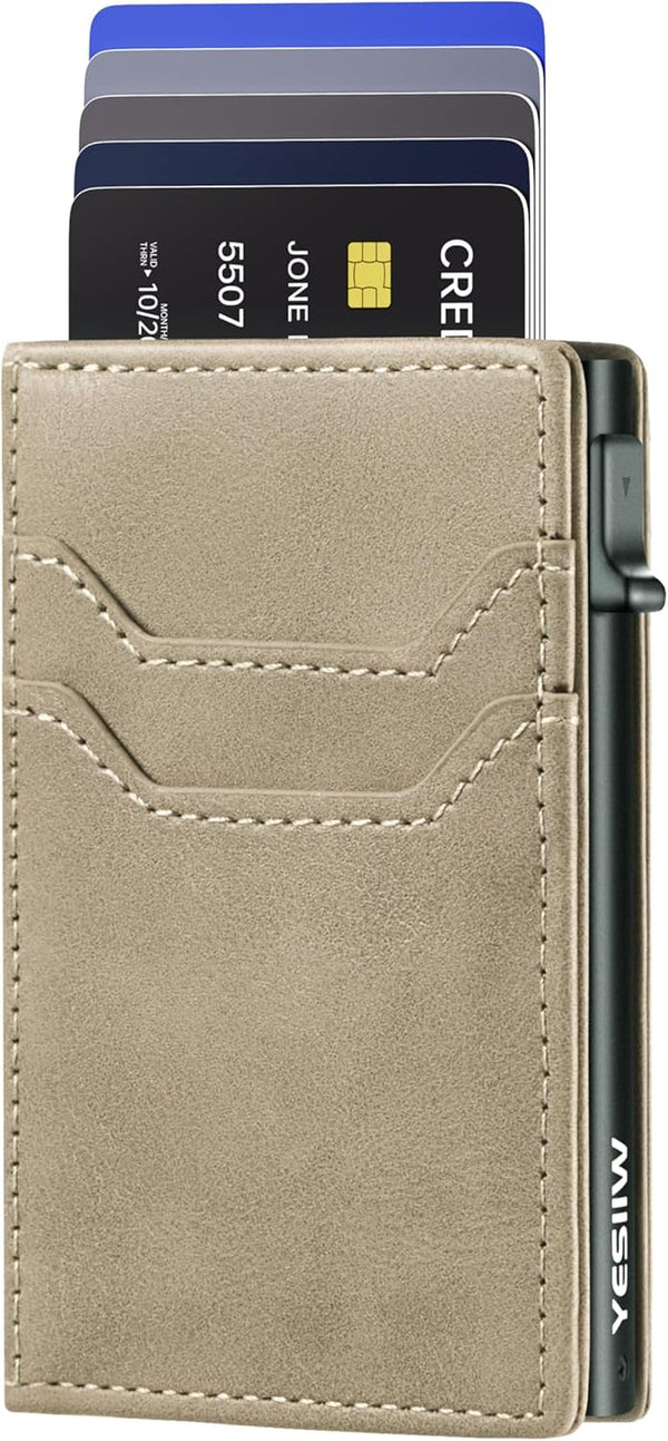 YESIIW Wallet for Men - Mens Wallet Slim with RFID Protection Pop up Card Holder Minimalist Wallets with ID Window Gifts for Men and Dad Light Beige