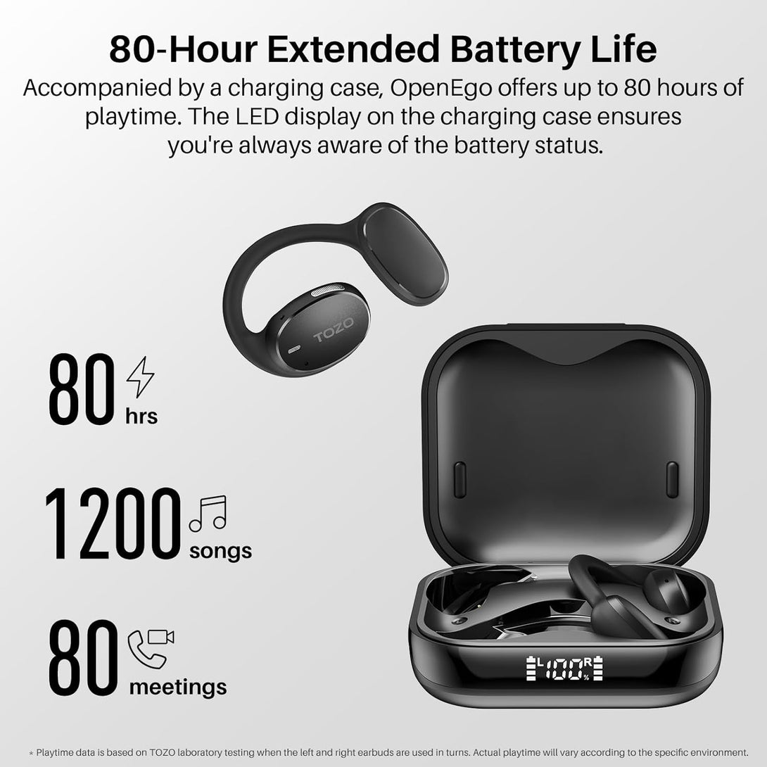 TOZO Openego True Wireless Open Ear Headphone, 5.3 Bluetooth Sport Earbuds with Earhooks for 80H Playback with Digital Display, 32 EQ Modes Dual Mic Clear Call Sweat-Proof for Running Workout Black