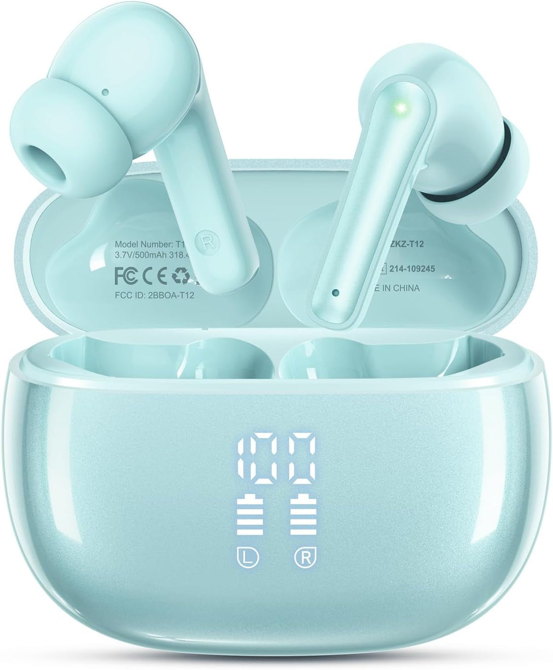 Wireless Earbuds, Bluetooth 5.3 Ear Buds, Headphones with Clear Stereo Sound, 40H Playtime with LED Digital Display, IPX7 Waterproof Earphones Built-In Mic for Phone Tablet Sports Workout, Jade