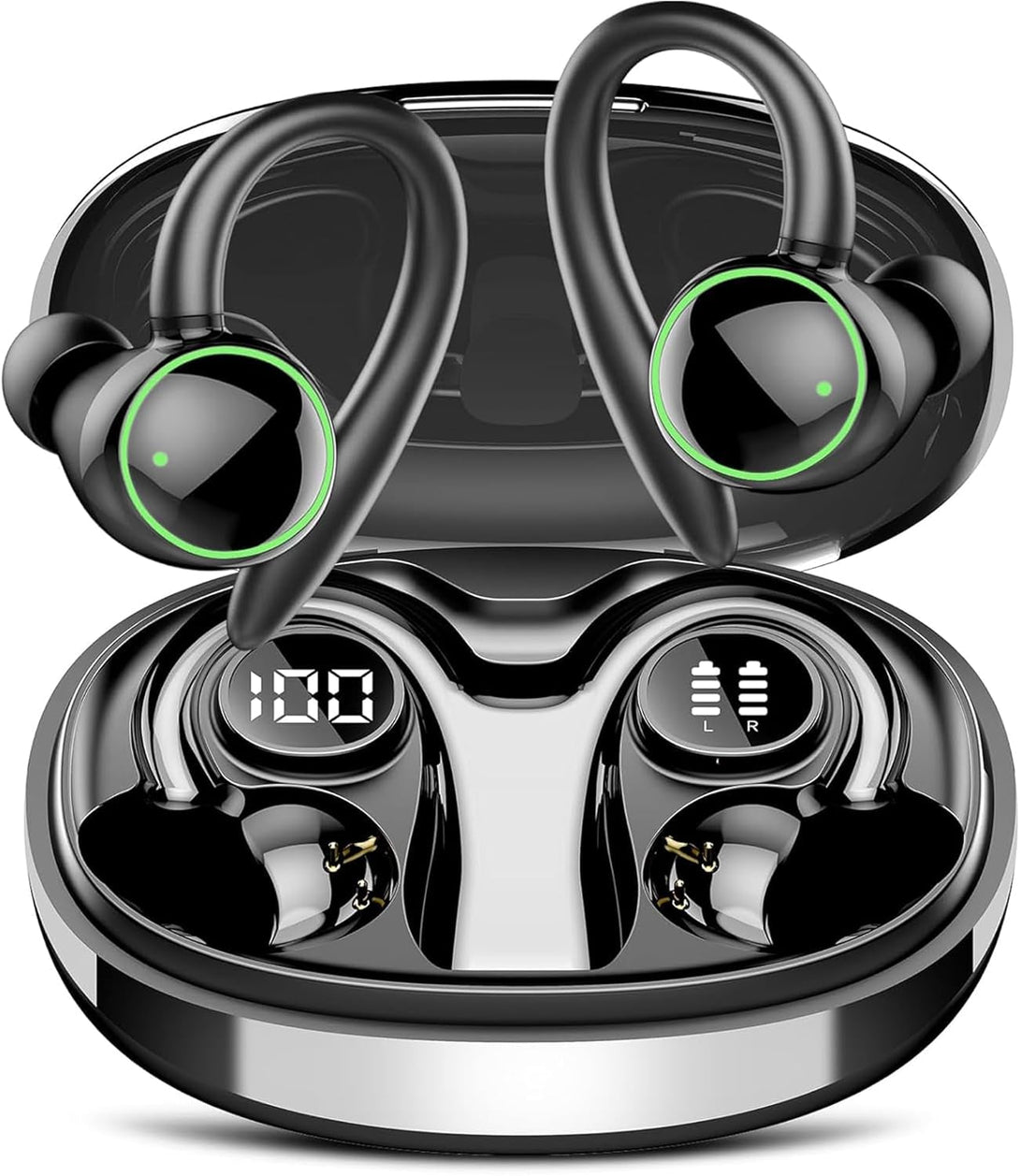 Wireless Earbuds, Bluetooth 5.3 Headphones Sport, over Ear Buds with ENC Noise Cancelling Mic, 48H, Wireless Earphone with Earhooks, Stereo Deep Bass, IP7 Waterproof Headset for Workout Running, Black