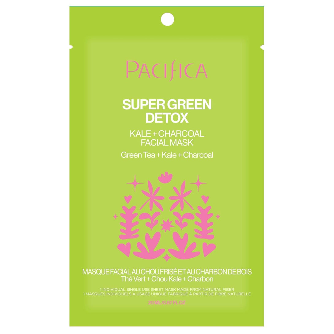Pacifica Super Green Detox Sheet Mask – Charcoal, Kale & Clay Pore Cleansing Mask for Oily, Blemish-Prone Skin, Deep Detox Facial Mask, Vegan