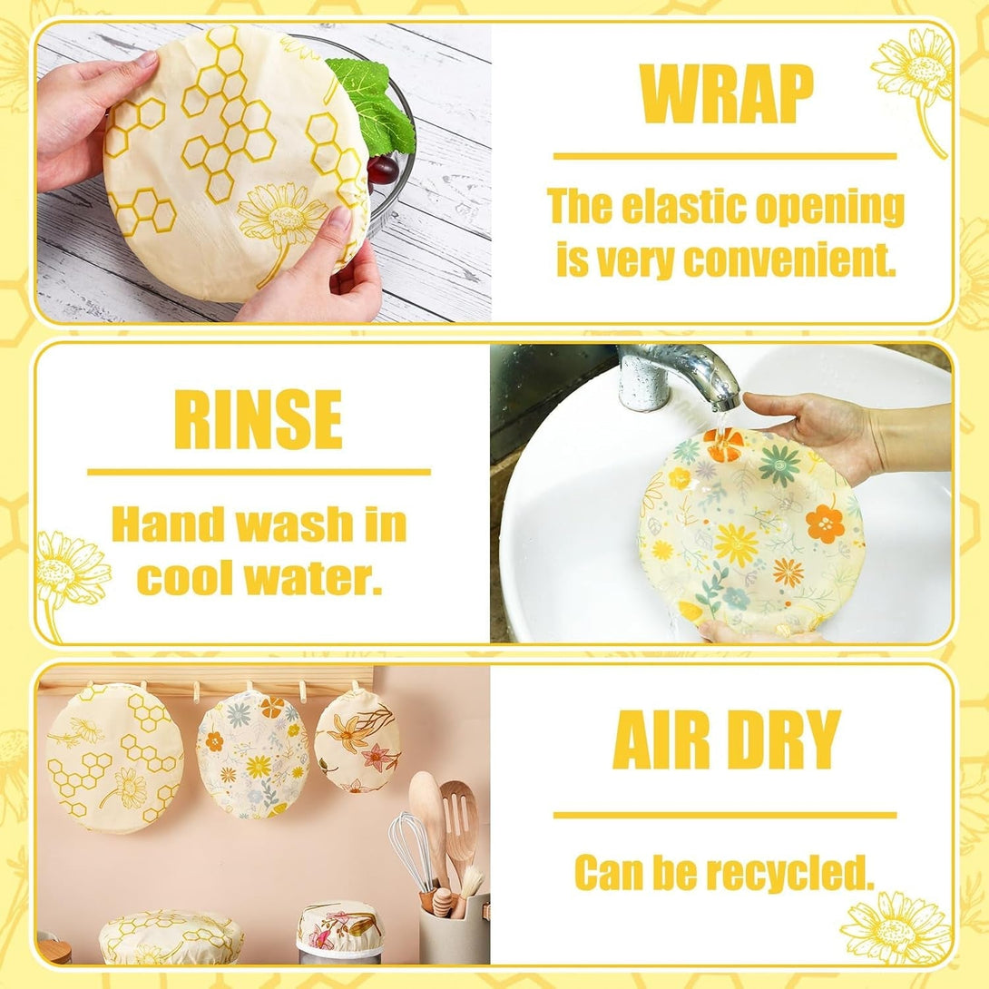 6 Pcs Beeswax Bowl Covers Reusable Cloth Bowl Covers Elastic Fabric Dish Cover Beeswax Food Wraps Cotton Kitchen Storage Containers Lids Kitchen Gifts for Bread Leftover Food Fruits Salad
