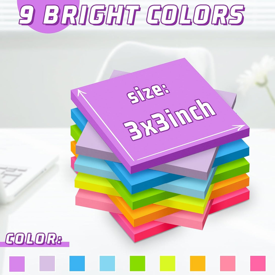 (36 Pack) Sticky Notes 3X3 in Post, 9 Bright Colors Self-Stick Note Pads It, Strong Adhesive, Easy to Post for Home, Office, Notebook